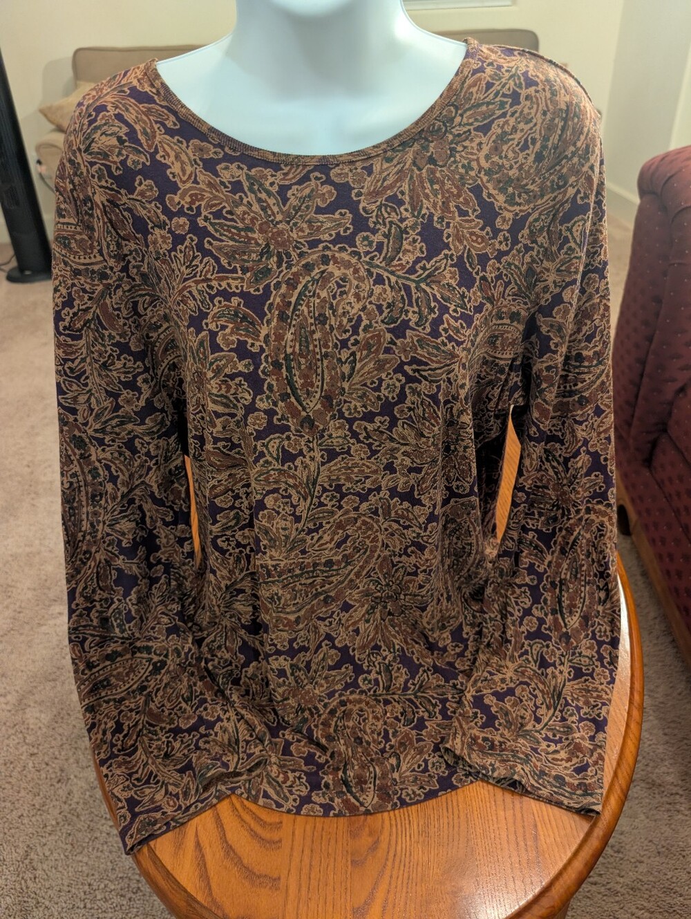 Ralph Lauren Brown & Navy Paisley Long-Sleeve Crewneck Top, Size XL